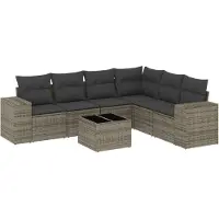 vidaXL 7-tlg. Garten-Sofagarnitur mit Kissen Grau Poly Rattan
