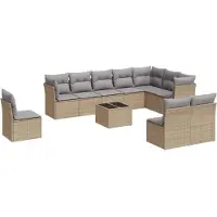 vidaXL 11-tlg. Garten-Sofagarnitur mit Kissen Beige Poly Rattan