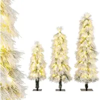 Costway 3er Set Künstlicher Weihnachtsbaum 90/120/150cm, Tannenbaum mit Schnee & warmweißen LED-Leuchten, Christbaum Kunstbaum Weihnachten Weiß