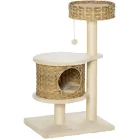 Youjia Kratzbaum Rattan mit Katzenhöhle und Ballspielzeug, Katzenbaum für kleine Katzen, Natur und Beige, Natur, 55 cm