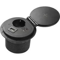 GTV Einbautischsteckdose CHARGER PLUS, 1x Schuko, USB-A+C, austauschbarer USB-A, HDMI, RJ45, 1,5m Kabel, Schwarz - für Büro, Küche, Heimwerk, Konferenzräume