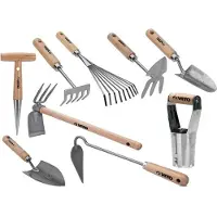 Vito Set mit 9 Gartengeräten Holzstiel Buche Edelstahl und Eisen handgeschmiedet