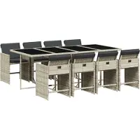 vidaXL 9-tlg. Garten-Essgruppe mit Kissen Hellgrau Poly Rattan