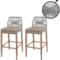 Mendler 2er-Set Rope-Barhocker HWC-O21, Outdoor Sitzpolster Seilgeflecht Metall Holz-Optik hellgrau, Kissen taupe