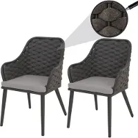 Mendler 2er-Set Aluminium-Gartenstuhl MCW-O16, Outdoor Stuhl Armlehne, Olefin Seilgeflecht Rope anthrazit Kissen hellgrau