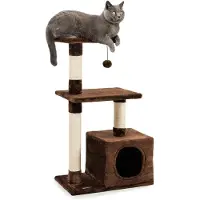 Lionto Katzenkratzbaum, 85 cm kompakter Kratz- & Spielbaum mit Höhle, 2 Plateaus, Plüschball & Sisalstämmen, mit Wandhalterung, braun