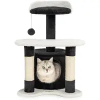 Lionto Kratz- & Spielbaum, 65 cm stabiler Katzenbaum mit Sisalstämmen, Plüschhöhle & Spielball, ideal für kleine Katzen, schwarz/weiß
