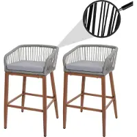 Mendler 2er-Set Rope-Barhocker MCW-O22, Outdoor Sitzpolster Seilgeflecht Metall Holz-Optik hellgrau, Kissen hellgrau