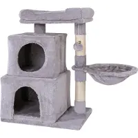 Lionto Katzen Kratzbaum, 70 cm mit 2 Höhlen, Liegemulde, Liegebett & Spielball, robust & gemütlich, hellgrau