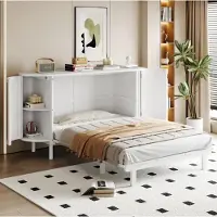 MODFU Doppelbett 140x200 Schrankbett mit Lattenrost und Staufächern,Wandklappbett ohne Matratze mit Rattan-Design und Integrierte Stauschränke,Weiß