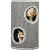 SUGIFT Kratztonne Katze zweistöckig, Katzentonne Kratzturm mit 2 Höhlen, Sisal Plüsch Spanplatte, Hellgrau | Ø 35 x 60 cm | bis 5 kg | für 1-2 Katzen