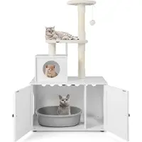 Costway Kratzbaum mit Katzenschrank, All-in-One Katzenhaus, Katzenbaum mit Eingang, Höhle, Sisalstamm & Spielball 77,5x49x132cm Weiß