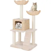Costway Kratzbaum 122cm mit Katzenhöhle, Katzenbaum mit 2 Sitzstangen, Kissen, Höhle, Leiter & Sisalpfosten, mehrstufiger Kletterbaum Klein Beige