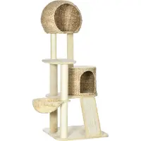 Fortuna Lai Kratzbaum katze Mit Katzenhaus aus Rattan, mehrere Plattformen, Hängematte & Rampe, Kippschutz, Plüsch, Beige, 60 x 60 x 150 cm