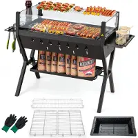 Costway Holzkohlegrill mit Würzregalen, Ablage, Windschutz und Handschuhe, Campinggrill, BBQ-Grill