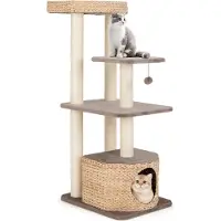 Costway Kratzbaum 131cm mit Katzenhöhle, Katzenbaum mit Plattformen, Ball, Sitzstange & Kissen, Kletterbaum aus Rohrkolben & Sisal, Kaffee Natur