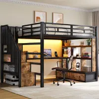 STILVORA Metall-Hochbett 140x200 cm mit Schreibtisch und Regalen, Kinderhochbett mit 2 integrierten Schubladen und Treppe mit Stauraum, Eisenbett für Schlafzimmer,Schwarz