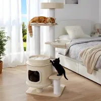 Costway Kratzbaum groß, 151cm, Katzenbaum Holz, Katzenkratzbaum mit dicken Stämmen, Plattformen, Katzenhöhle, Bett, Kratzpfosten&Hängematte Grau+Natur