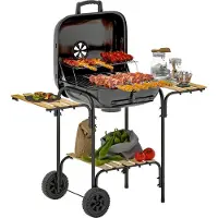 Outsunny Holzkohlegrill aus Stahl fahrbar Grillwagen mit abschließbarem Deckel