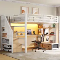 MODFU Jugendbett 140x200 mit Schreibtisch und zwei Schubladen Bettgestell mit Stauraum Hochbett mit LED-Beleuchtung und Regalen ohne Matratze Weiß