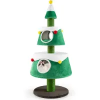 Costway Kratzbaum für Weihnachten, süßer Katzenbaum Weihnachtsbaum mit 2 Katzenhöhlen, Sisal-Kratzsäulen, Spielzeug & Plüschkissen 59x153cm Grün