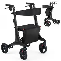 Costway Rollator faltbar & leicht mit Sitz, 2 in 1 Rollstuhl & Reiserollator, Gehhilfe 6-fach höhenverstellbar, Gehwagen mit Tasche, bis 136kg Schwarz