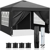 FCH 3x3M Pavillon Wasserdicht Pop up Faltpavillon Pavillon mit 4 Seitenteilen Faltbar Zelt Gartenpavillon, 4 Sandsack，Schwarz