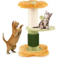Costway Kratzbaum Kratzsäule Klein, 69cm, Katzenbaum mit Plüschsitz, Sisal-Kratzpfosten, Selbstpflegebürste&Ball, Kletterbaum, Katzen Katzenmöbel Gelb