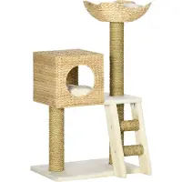 Slyrun Kratzbaum mit Katzenhaus, Sisal-Kratzs?ulen, waschbare Kissen, 100,5H x 57L x 37B cm, Wei?/Natur