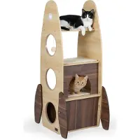 Costway Kratzbaum klein, Raketenform, Katzenbaum mit 2-stöckigem Katzenhaus, Plattformen, Sisal-Kratzmatte & Ball, Katzen Katzenmöbel Holz Braun+Natur