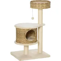 Slyrun Kratzbaum Rattan 95 cm H?he 3-Stufiger Katzenbaum mit Platform, Katzenbett, Kletterbaum mit Katzenh?hle Sisalst?mmen Spielb?lle Katzenm?bel Sisal Natur+Beige
