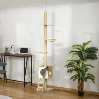 Fortuna Lai Kratzbaum, deckenhoch, Katzenhaus, zwei Plattformen, Hängematte, Kippschutz, hellbraun+beige, 40 x 40 x 260 cm
