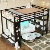 STILVORA Kinderhochbett 140x200 cm mit Matratze Jugendbett mit offenem Kleiderschrank und LED-Beleuchtung, Metall-Hochbett mit Ablagefächern und Lochwand, Hochbettgestell für Stauraum in Schwarz