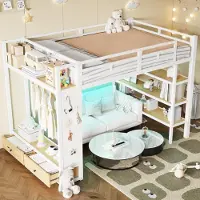 OKWISH Hochbett 140x200 mit Lochwand und LED-Beleuchtung Einzelbett mit offenem Schrank und Regal Funktionsbett Jugendbett mit Ablagefächern Weiß(ohne Matratze)