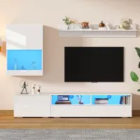 Merax TV Wohnwand-Set 3-teilig, inkl. TV-Board, Wandschrank & Wandregal, LED-Beleuchtung, modernes Wohnzimmermöbel, Hochglanz Weiß