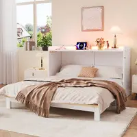 MODFU Schrankbett Jugendbett 140x200 Umbaubares Plattformbett mit LED-Lichtleiste Doppelbett Funktionsbett mit USB und Steckdose ohne Matratze Weiß