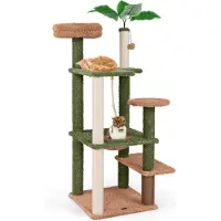 Costway 152cm Kratzbaum, Katzenbaum Holz mit Plattformen, Sisalpfosten, Spielseil, Spielzeug, Schlafbett, Fellpflegebürste & Kunstpflanze, Grün Braun