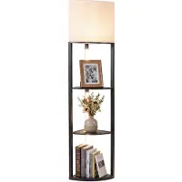 Costway 3-stufige Stehlampe mit Regalen, Holz Regallampe mit dimmbaren LED-Leuchten, Leinenlampenschirm & Fußschalter, moderne Standlampe, dreieckig