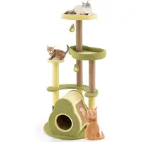 Costway Kratzbaum Holz 124,5cm hoch, Avocado-Design, Katzenbaum mit Plattformen, Katzenhöhle, Spielzeug, Pflegebürste & Kratzbrett, Spielbaum Grün
