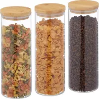 Relaxdays Vorratsgläser mit Bambusdeckel, 3er Set, runde Vorratsdosen aus Glas, 1600 ml, luftdicht, transparent/natur