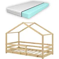 In And OutdoorMatch Kinderbett Bailee - Kiefer - Hausbett - mit Matratze und Fallschutz - 70 x 140 cm - holzfarben - für Mädchen - für Jungen - für Kinder
