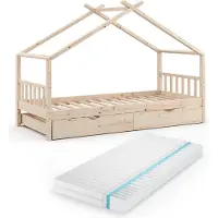 VitaliSpa Hausbett Design Naturholz 90x200 cm mit Gästebett und Matratze, Model 36236
