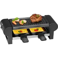 Clatronic 2 Personen Raclette | mit Cool-Touch-Gehäuse | platzsparende Lagerung | Grillplatte und Pfännchen antihaftbeschichtet | RG 3518
