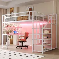 SUCCESS COURIER Metall-Hochbett 140x200 cm mit Schreibtisch & Kleiderschrank, platzsparendes Etagenbett mit Stauraumtreppe, LED & Steckdose, robustes Eisenbett Weiß