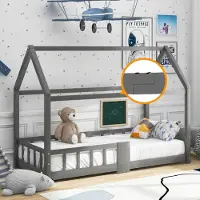 Ulife Hausbett für Kinder 90x200 cm aus Kiefernholz, mit Tafel und Rausfallschutz, inkl. Lattenrost, stabiles Holzbett für Kinderzimmer,ohne Matratze,Grau