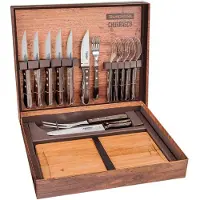 Tramontina JUMBO BBQ-Set, 15-tlg., Steakbesteck, Schneidebrett, Tranchierset, Messer, Gabel, Edelstahl / Holz, 29899-324