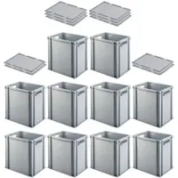 Proregal SuperSparSet 10x Eurobehälter mit Offenem Griff und Auflagedeckel HxBxT 40 x 30 x 40 cm 37 Liter Grau Eurobox Transportbox