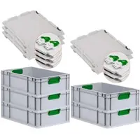 Proregal 5x Eurobox NextGen Color mit Scharnierdeckel & Verschlüssen | HxBxT 17x40x60cm | 34 Liter | Griffe grün geschlossen | Glatter Boden