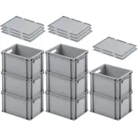 Proregal SuperSparSet 8 x Eurobehälter Mit Offenem Griff und Auflagedeckel HxBxT 23,5 x 30 x 40 cm 22 Liter Grau Eurobox Transportbox