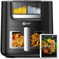 Balter Heißluftfritteuse 7,2L mit Sichtfenster, 1800W, Öl- & Wasser-Spray, Airfryer, 10 Programme, Touchbedienung, 100 Rezepte, Edelstahl, Schwarz